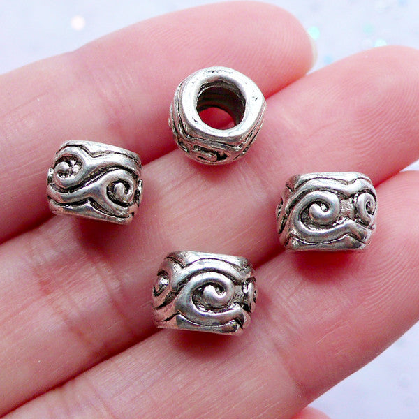 CLEARANCE Silver Barrel Beads with Scroll Pattern, Large Hole Spacer, MiniatureSweet, Kawaii Resin Crafts, Decoden Cabochons Supplies